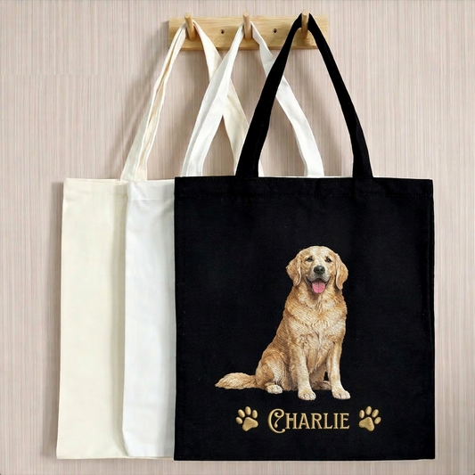 Embroidered Tote Bag – Cute Dog Canvas Tote, Reusable Shopping Bag, Gift for Dog Lovers