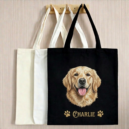Embroidered Tote Bag – Cute Dog Canvas Tote, Reusable Shopping Bag, Gift for Dog Lovers